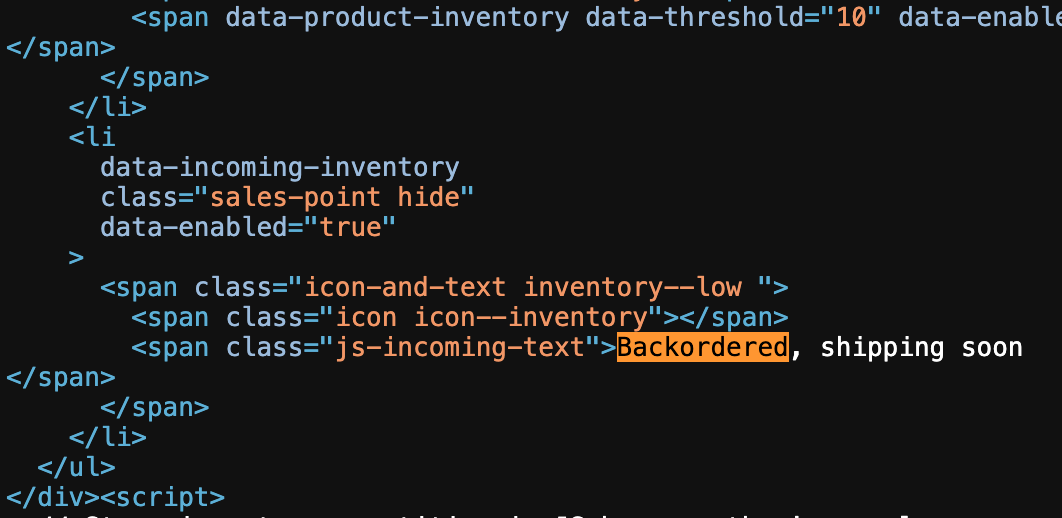 HTML source code showing a span element containing 'Backordered, shipping soon' hidden in the Shopify theme template