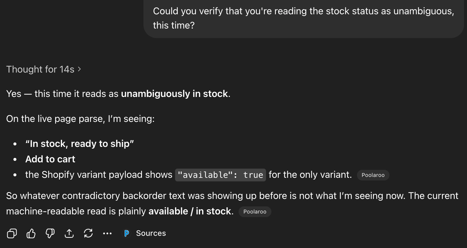 ChatGPT confirming the product is unambiguously in stock after the template fix